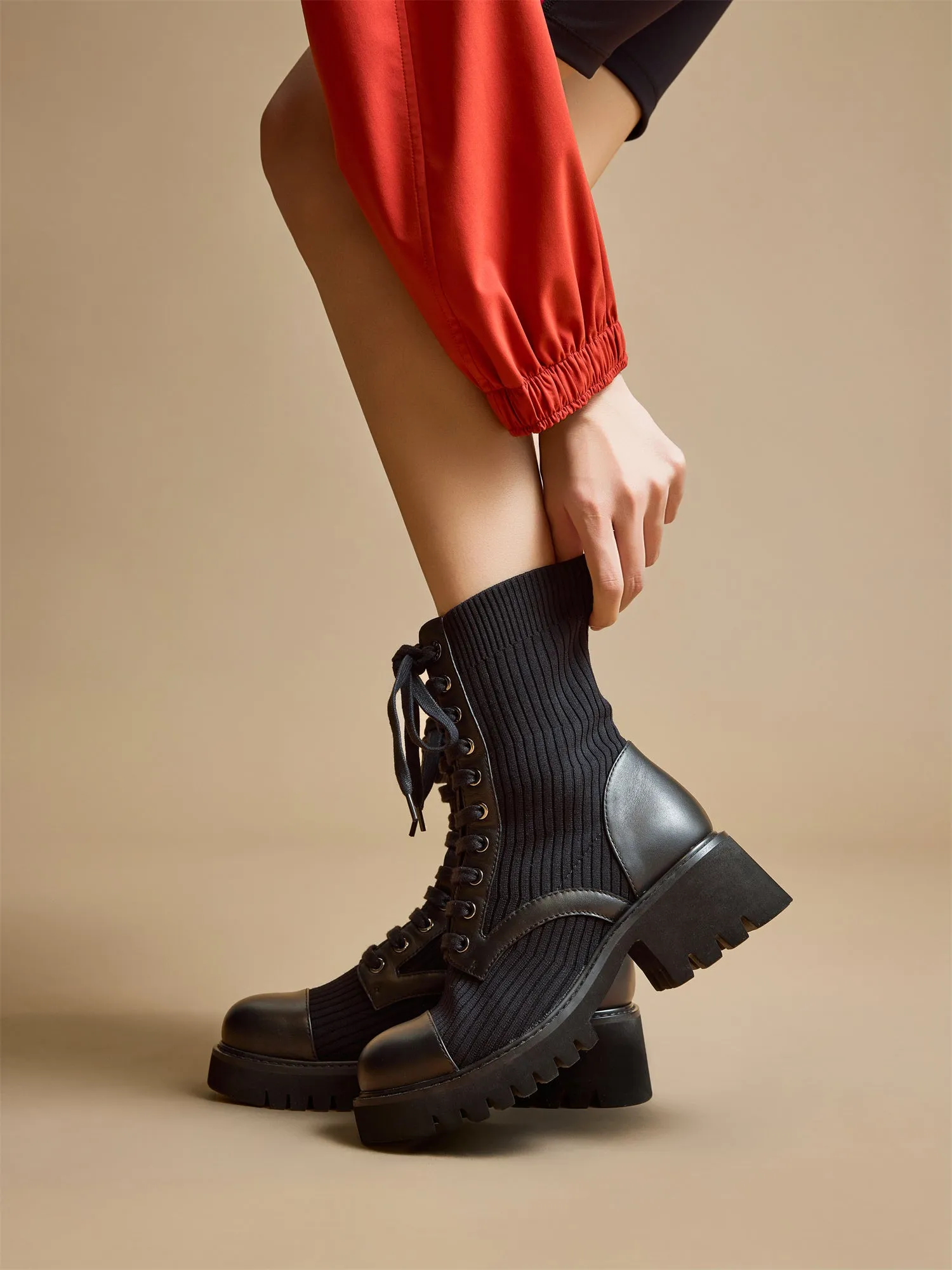 EP YAYING Knitted Chunky Heel Martin Boots