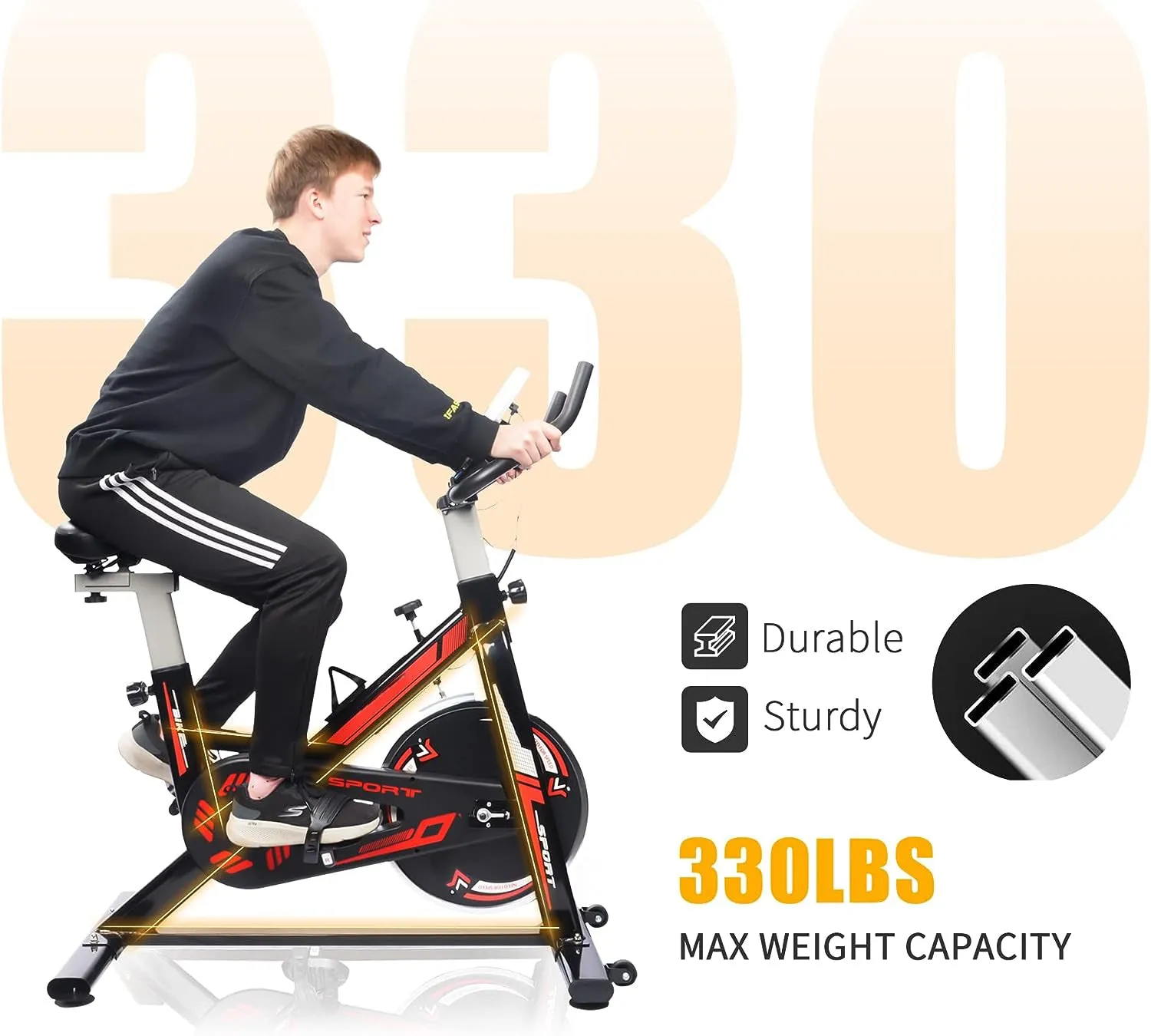 Exercise Stationary Bike 330 Lbs Weight Capacity, Spin Indoor Cycling Bike with LCD Monitor and Comfortable Seat Cushion