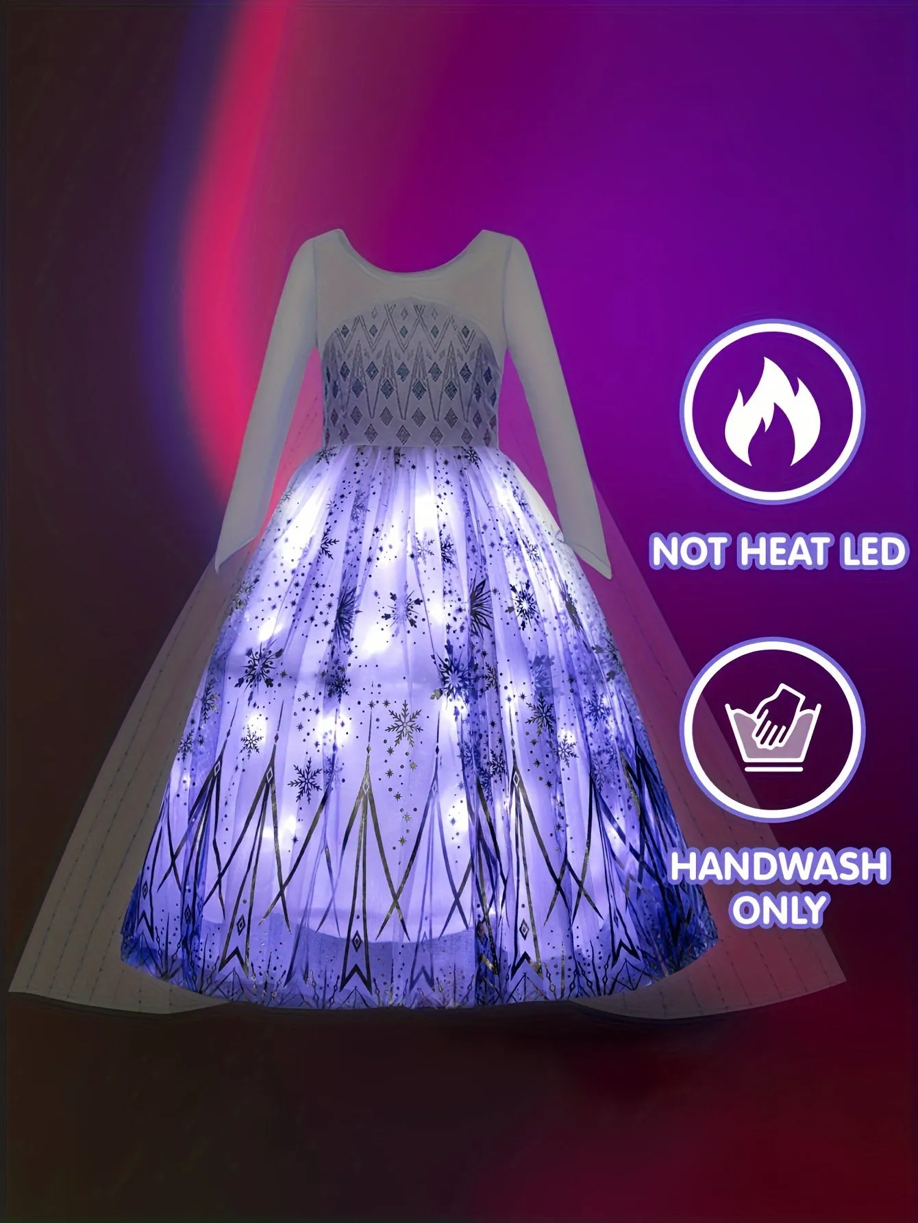 Girls Stunning & Elegant Long Sleeve Snowflakes Pattern Mesh LED Light Up Tutu Princess Dress With Cape, Dress Up Clothing For Halloween & Ball & Prom