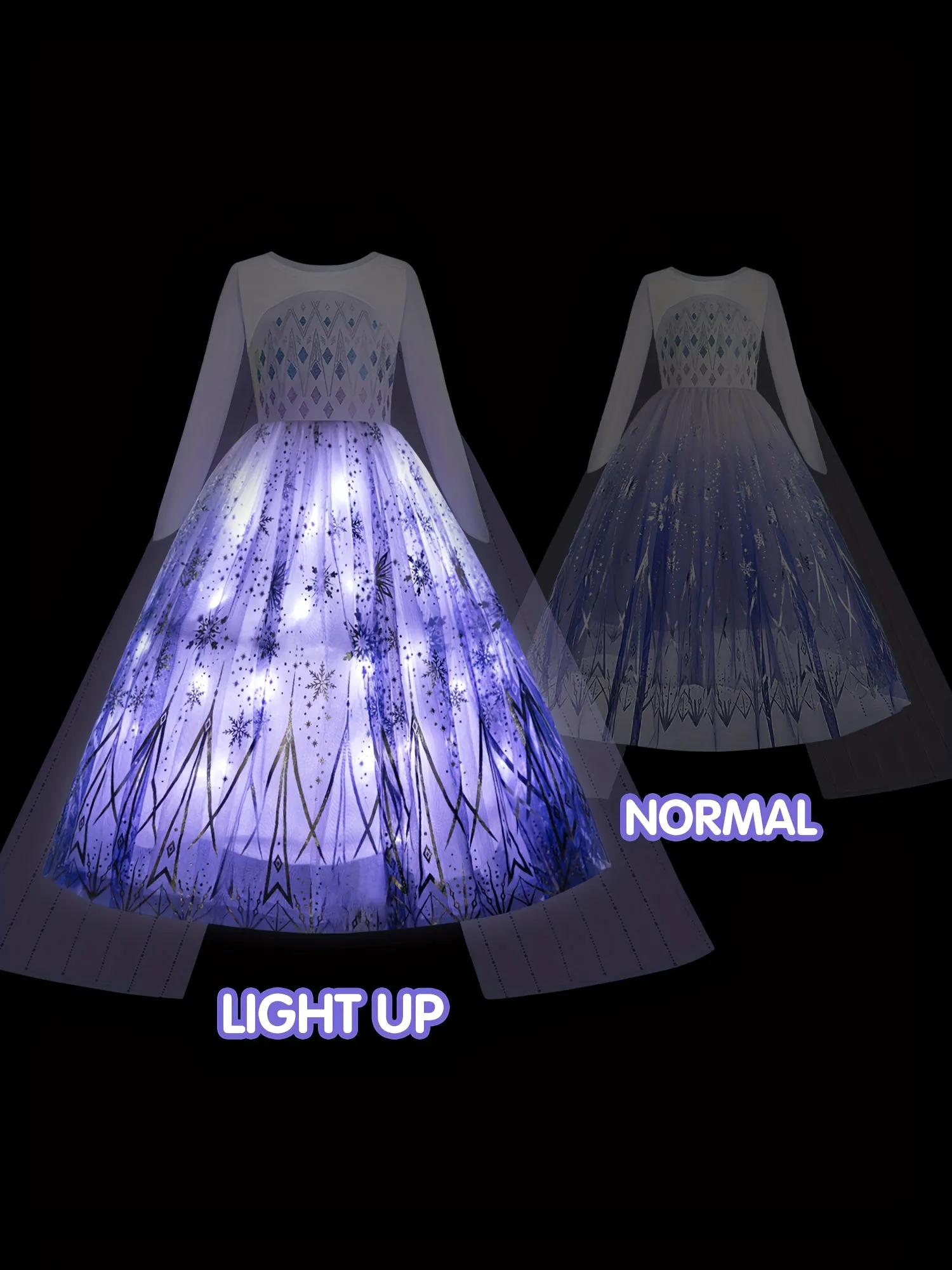 Girls Stunning & Elegant Long Sleeve Snowflakes Pattern Mesh LED Light Up Tutu Princess Dress With Cape, Dress Up Clothing For Halloween & Ball & Prom