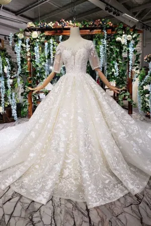 Gorgeous Lace Wedding Dress With Half Sleeves, Ball Gown Long Wedding Dress N1625