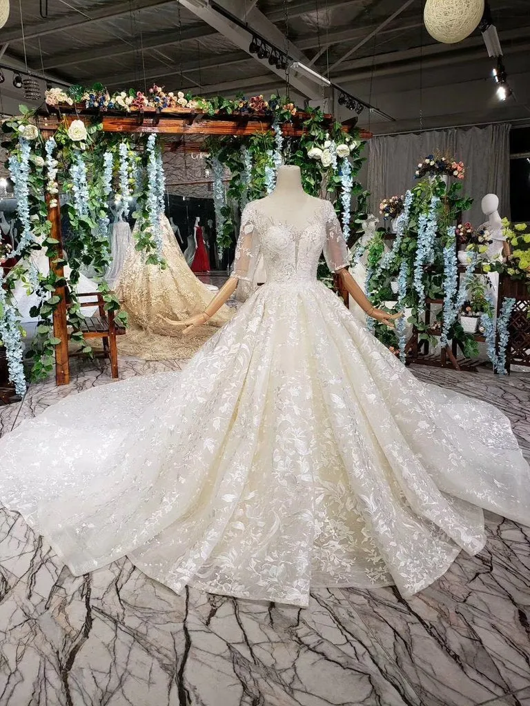 Gorgeous Lace Wedding Dress With Half Sleeves, Ball Gown Long Wedding Dress N1625