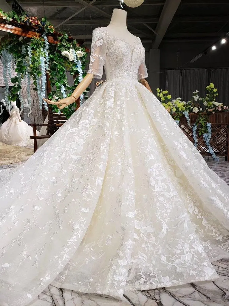 Gorgeous Lace Wedding Dress With Half Sleeves, Ball Gown Long Wedding Dress N1625