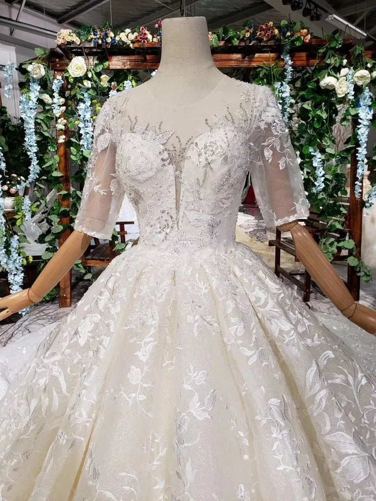 Gorgeous Lace Wedding Dress With Half Sleeves, Ball Gown Long Wedding Dress N1625