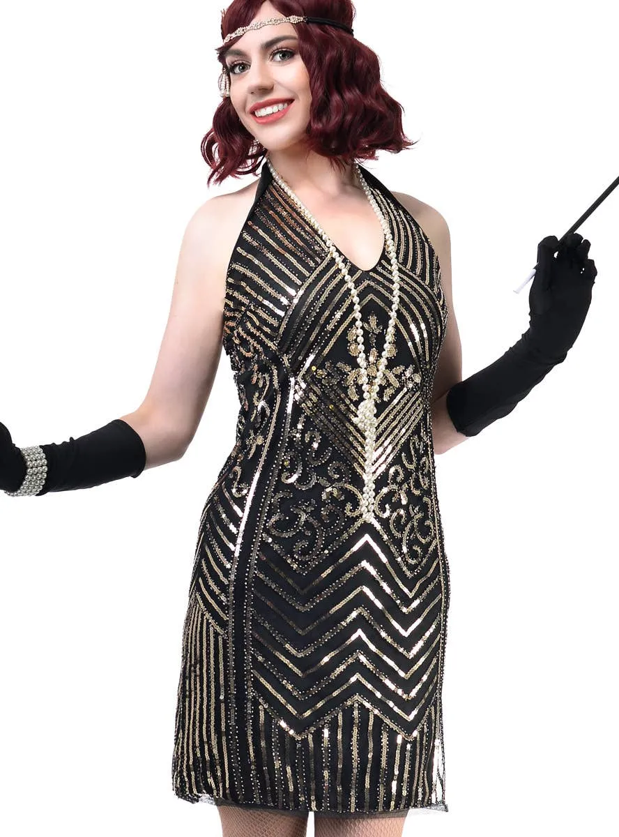 Great Gatsby Black and Gold Sequinned Womens Flapper Dress Costume