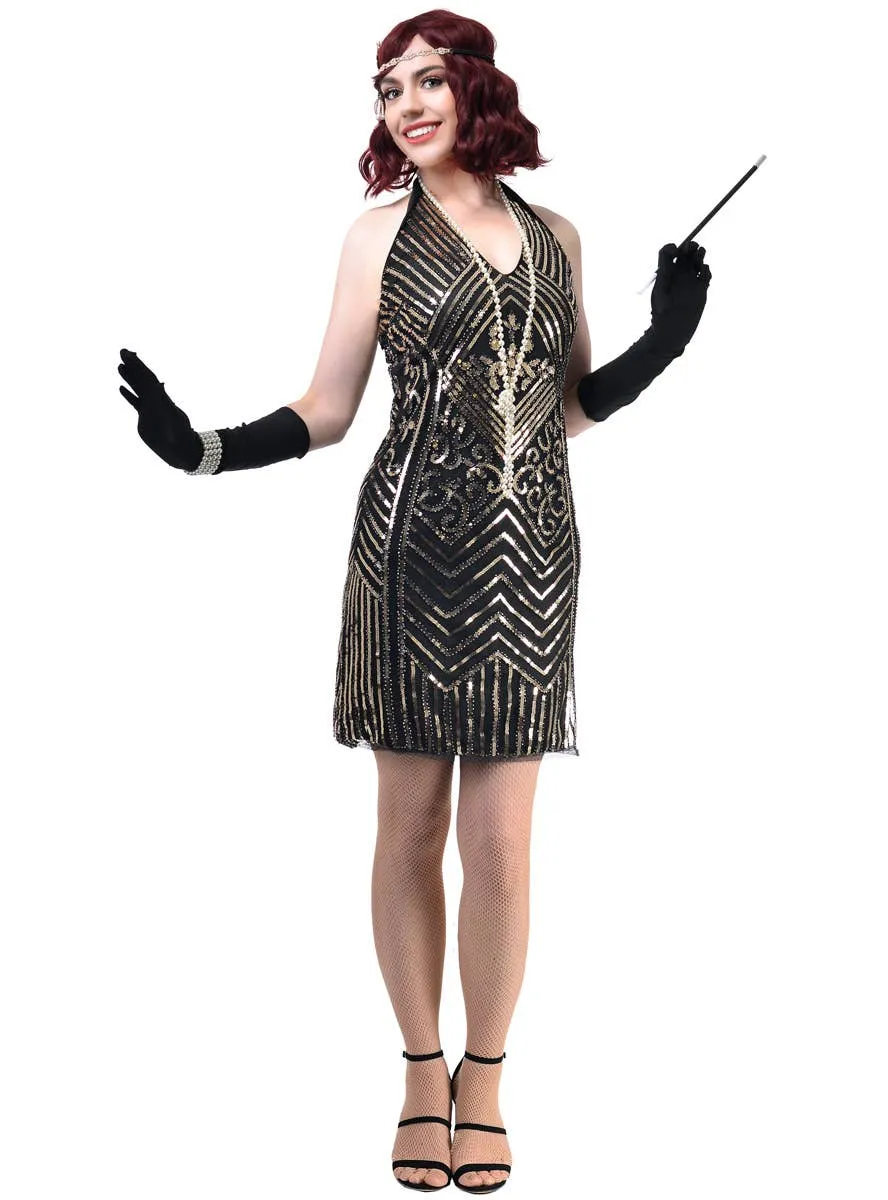 Great Gatsby Black and Gold Sequinned Womens Flapper Dress Costume