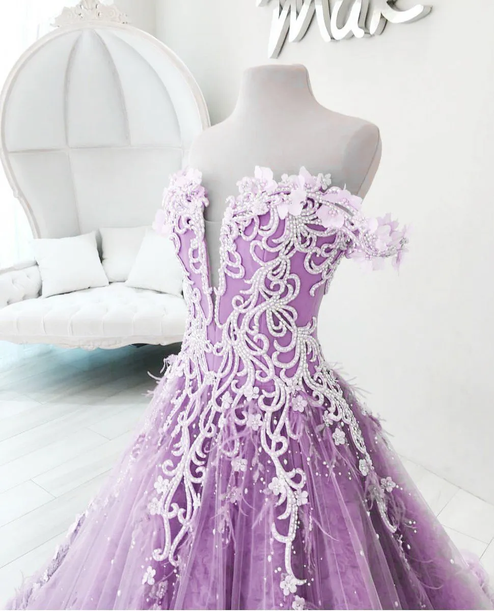 Lilac Off the Shoulder Gorgeous Long Prom Dress, Charming Formal Dress with Flowers UQ2539