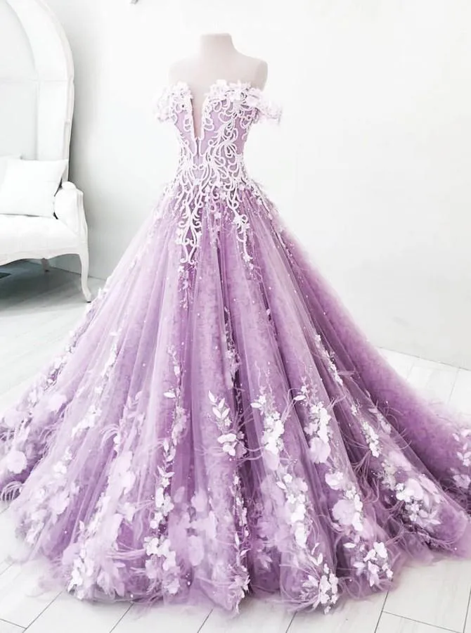 Lilac Off the Shoulder Gorgeous Long Prom Dress, Charming Formal Dress with Flowers UQ2539