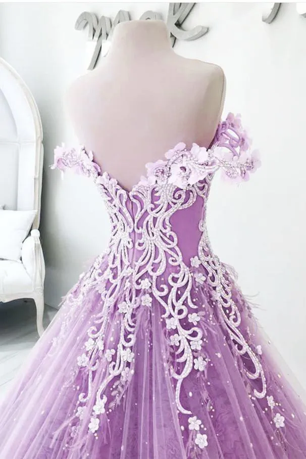 Lilac Off the Shoulder Gorgeous Long Prom Dress, Charming Formal Dress with Flowers UQ2539