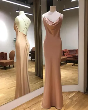 Long Satin Draped Top Sheath Prom Dresses Backless Mermaid Gowns