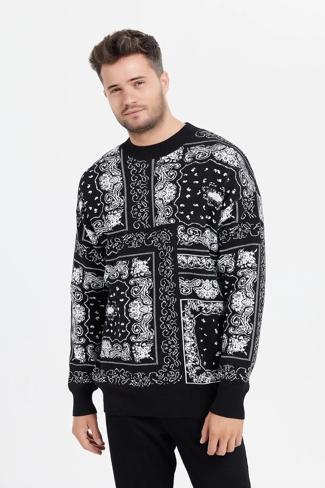 Men Black Paisley Intarsia Knitted Pullover