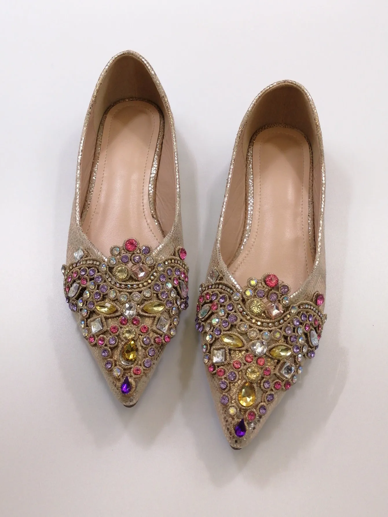 Metallic Pattern Gemstone Decor Ballet Flats