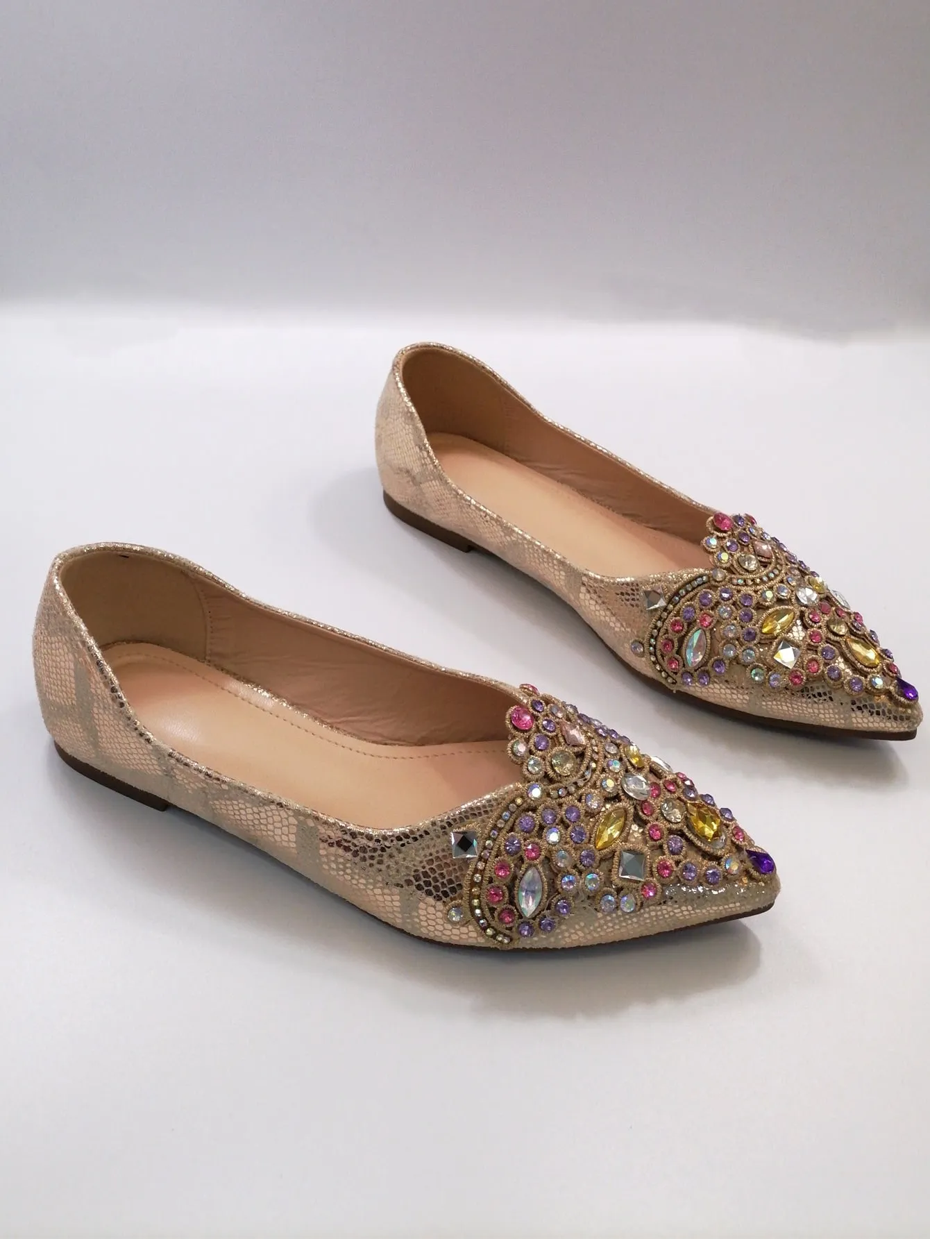 Metallic Pattern Gemstone Decor Ballet Flats