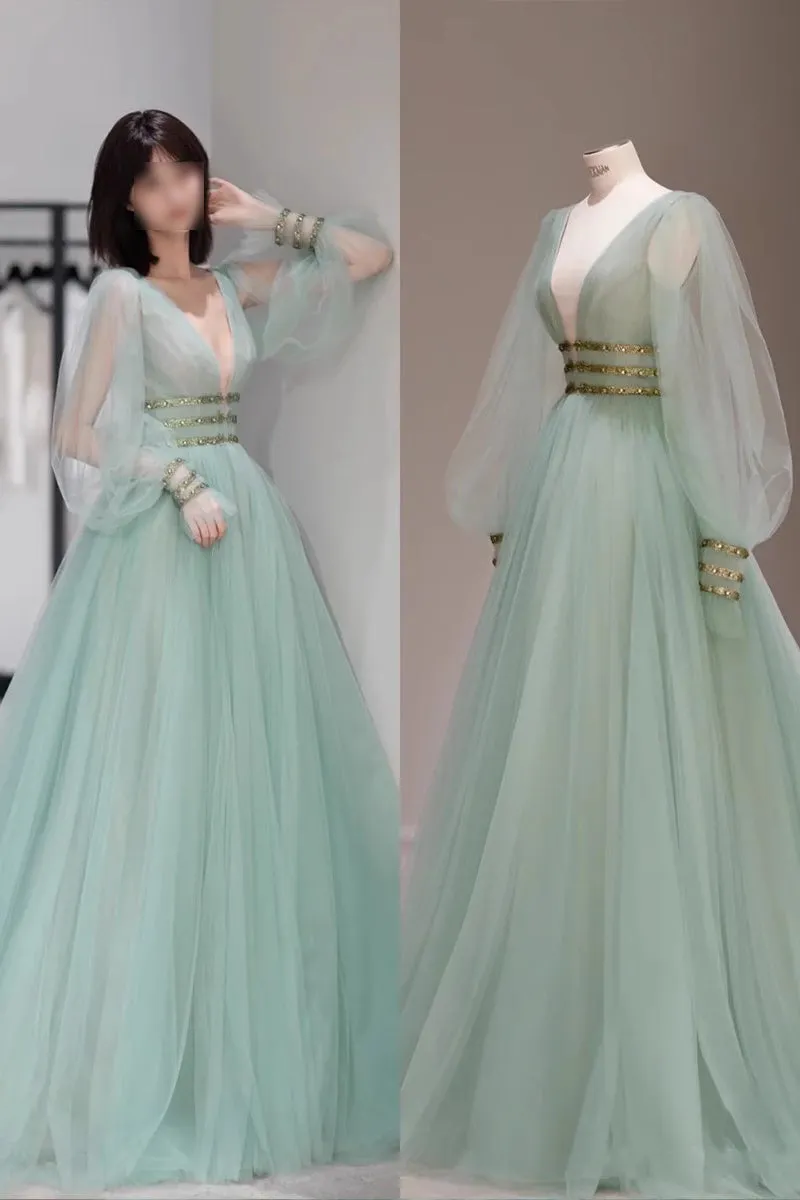 Mint Green V Neck Long Sleeves Tulle Long Prom Gown, Princess Formal Dresses UQP0255