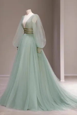 Mint Green V Neck Long Sleeves Tulle Long Prom Gown, Princess Formal Dresses UQP0255