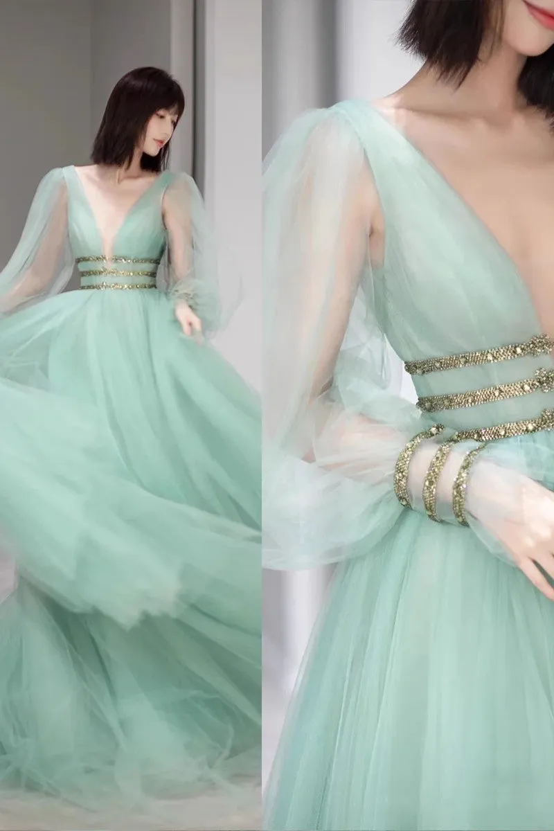 Mint Green V Neck Long Sleeves Tulle Long Prom Gown, Princess Formal Dresses UQP0255