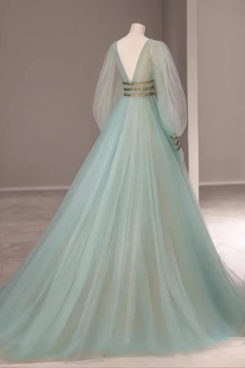 Mint Green V Neck Long Sleeves Tulle Long Prom Gown, Princess Formal Dresses UQP0255