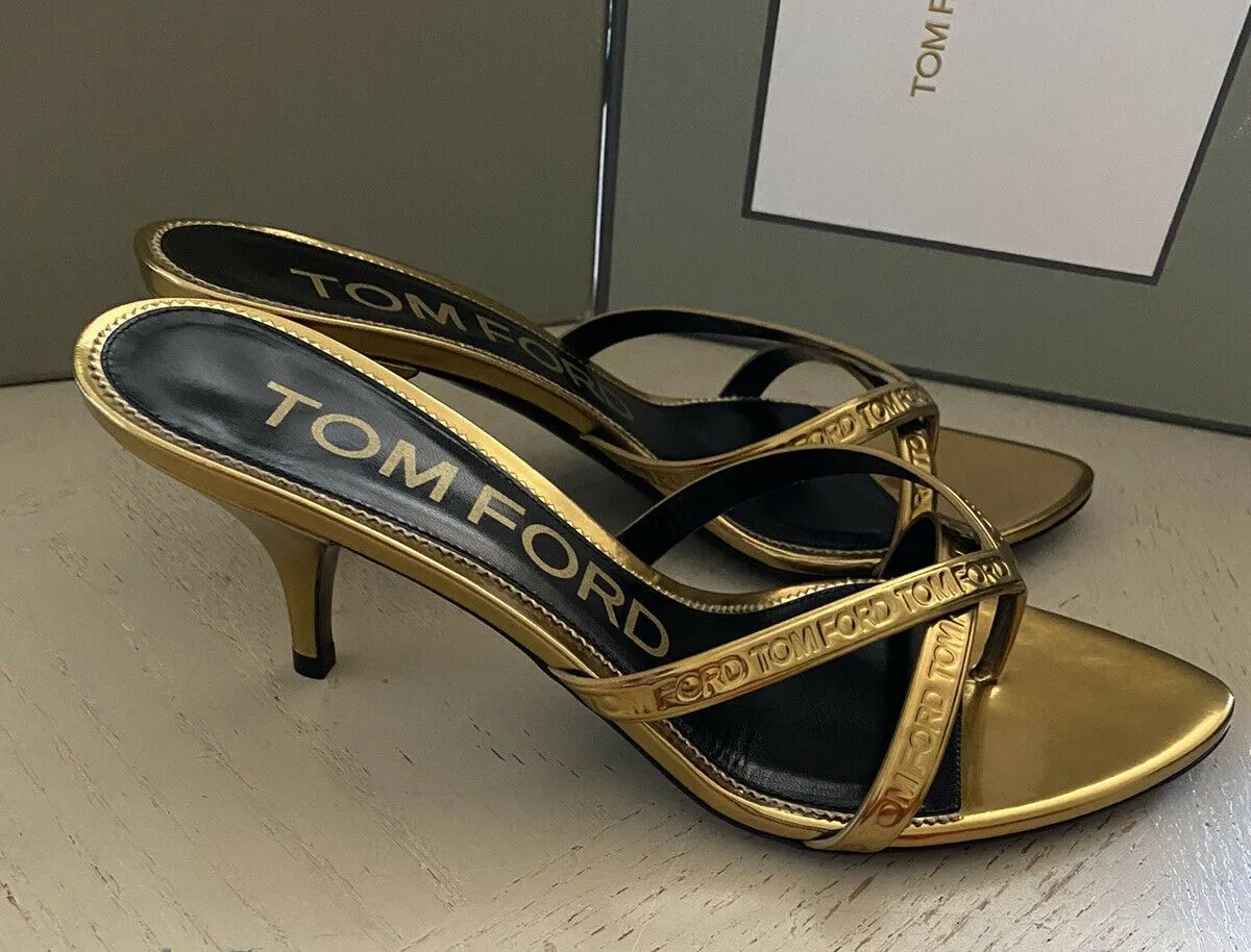 NIB $990 Tom Ford Women Leather Logo Thong Sandal Shoes Gold 8 US/38 Eu Italy