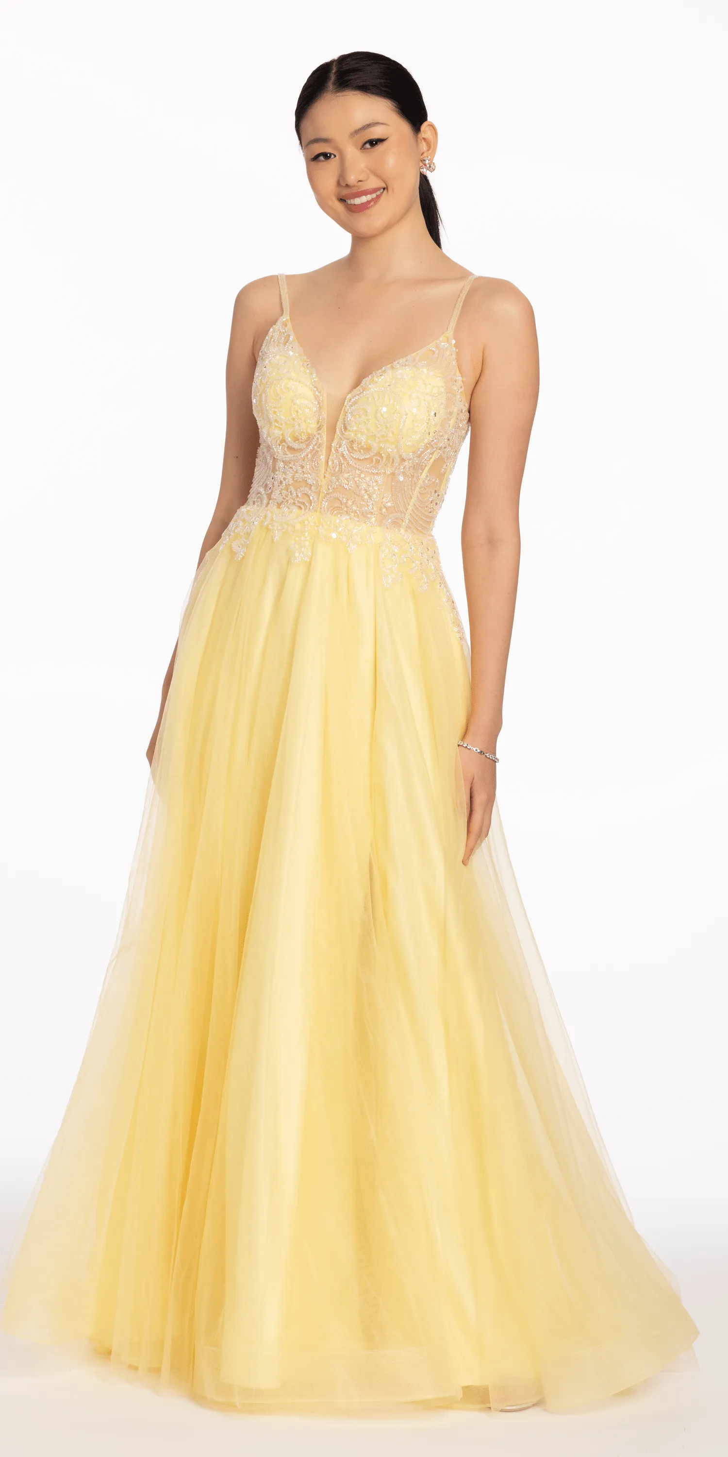 Plunging Crystal Bodice Tulle A Line Dress