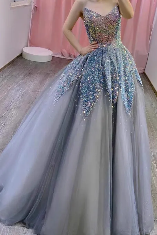 Princess Blue Grey V Neck Tulle Prom Dress with Sequins, Sparkly Long Quinceanera Dress UQP0254