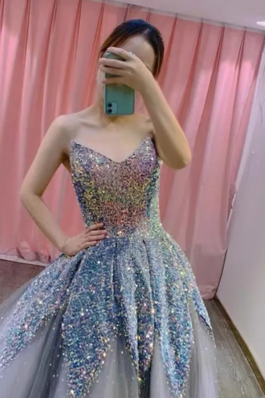 Princess Blue Grey V Neck Tulle Prom Dress with Sequins, Sparkly Long Quinceanera Dress UQP0254