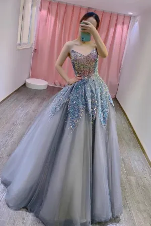 Princess Blue Grey V Neck Tulle Prom Dress with Sequins, Sparkly Long Quinceanera Dress UQP0254