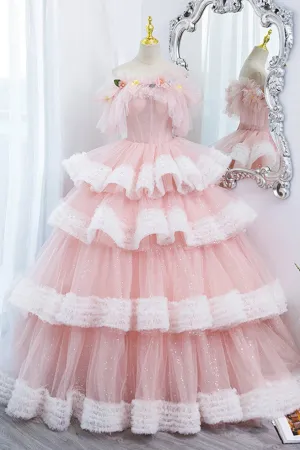 Princess Off the Shoulder Pink Prom Dress, Sparkly Ball Gown Long Quinceanera Dress UQP0307