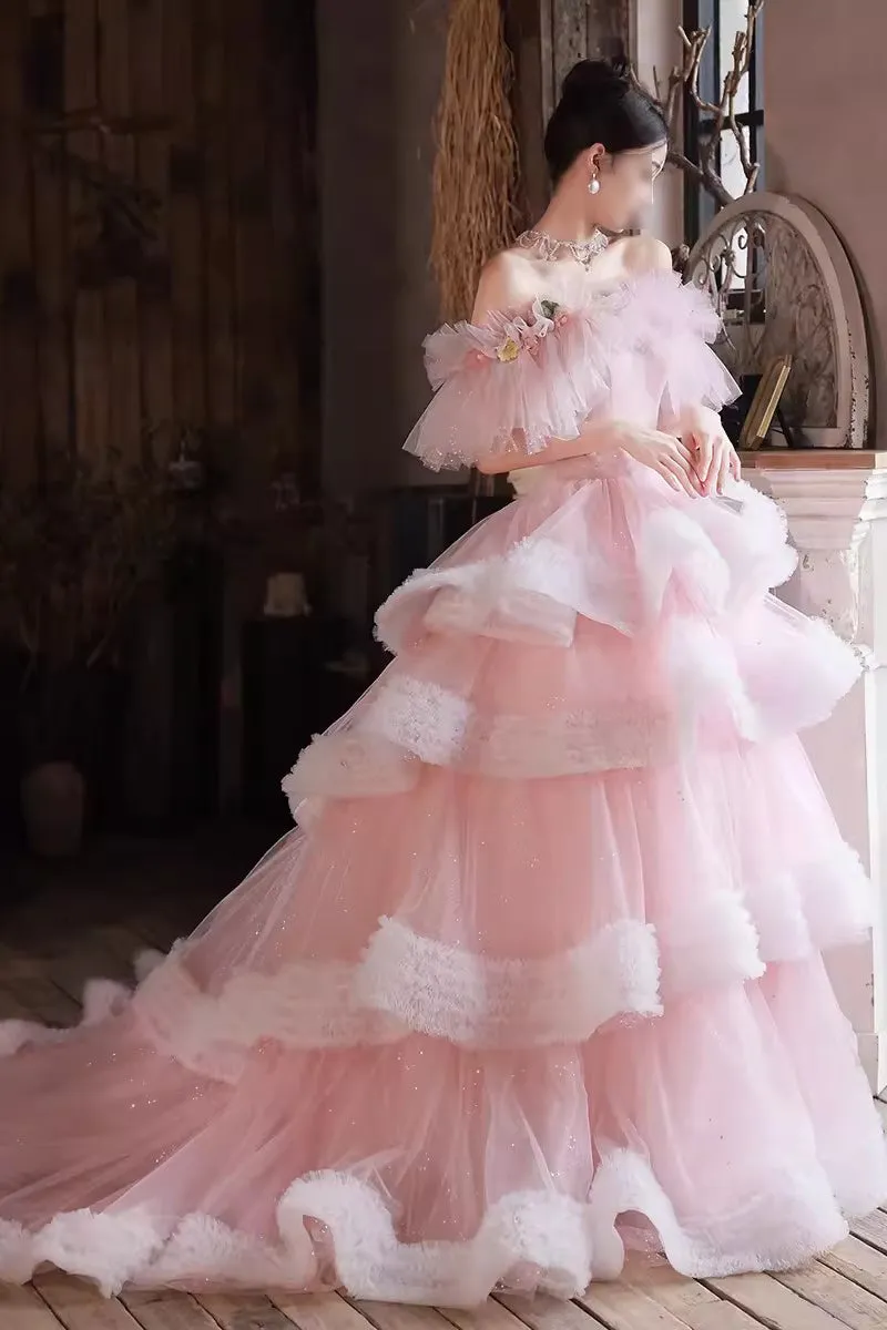 Princess Off the Shoulder Pink Prom Dress, Sparkly Ball Gown Long Quinceanera Dress UQP0307