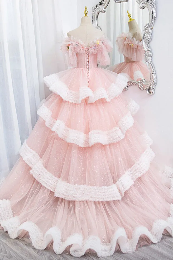 Princess Off the Shoulder Pink Prom Dress, Sparkly Ball Gown Long Quinceanera Dress UQP0307