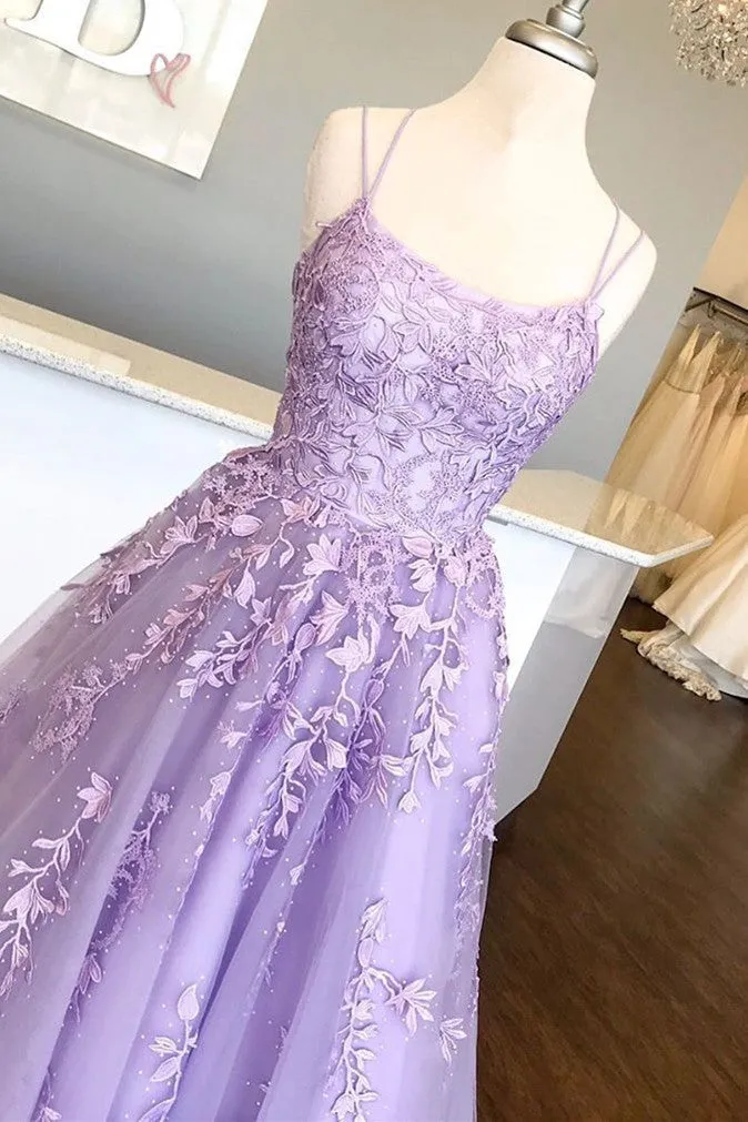 Princess Straps Long Prom Dress with Lace Appliques,Evening Gowns