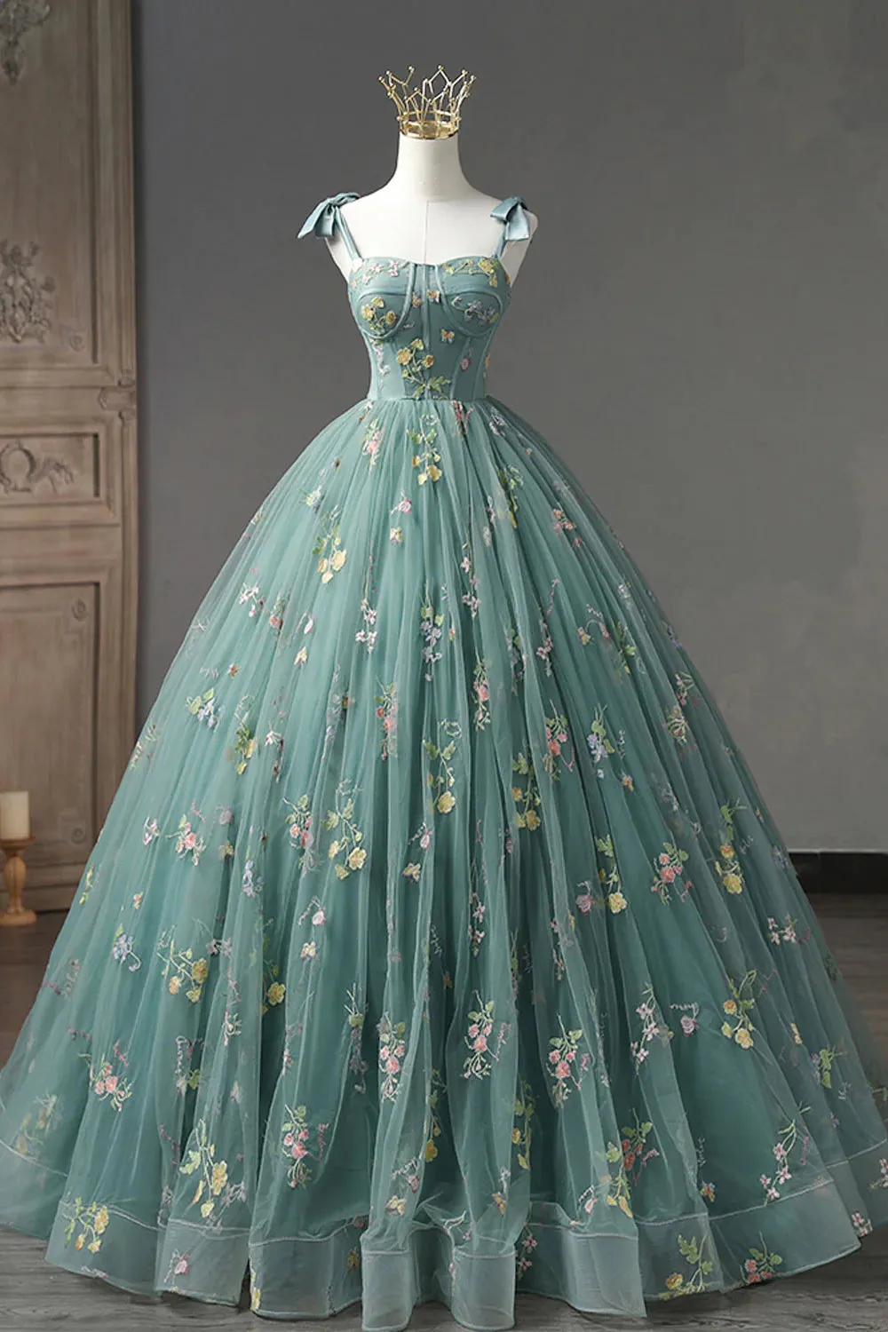 Puffy Green Tulle Floor Length Prom Gown, Ball Gown Quinceanera Dresses with Lace Flower UQP0236