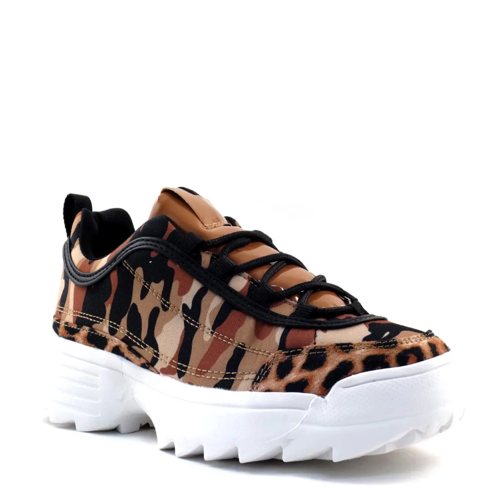 Qupid Trendy Animal Print Ridge Rubber Bottom Lace Up Sneakers - Sneaky