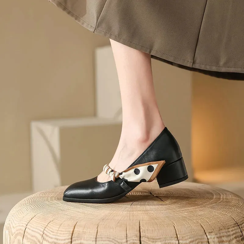 Ribbon Strap Square Low Heel Pumps