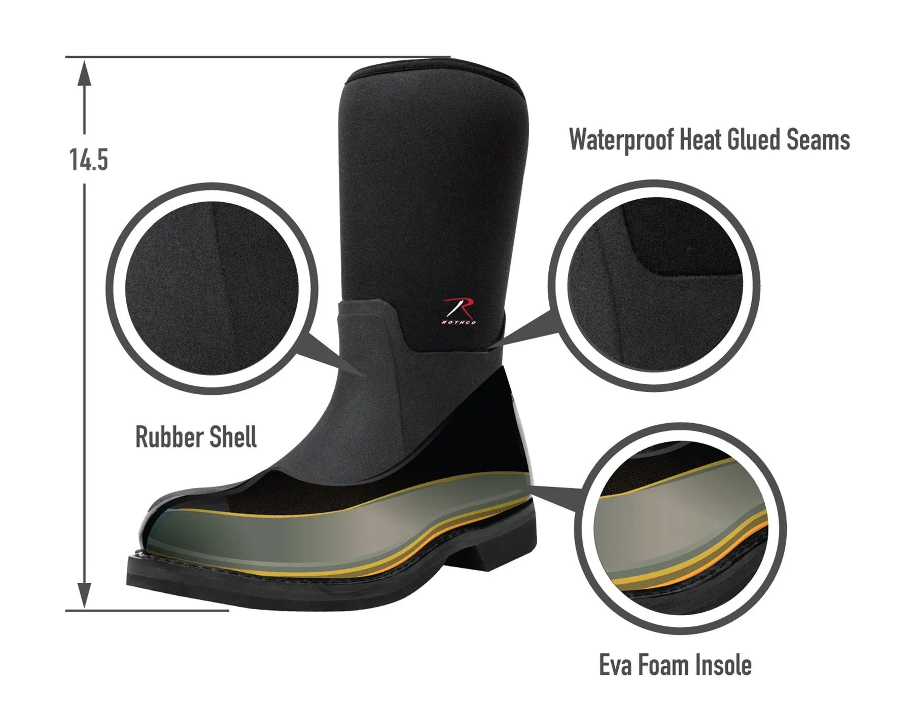 Rothco Waterproof Rubber Boots - Black - 14.5 Inch