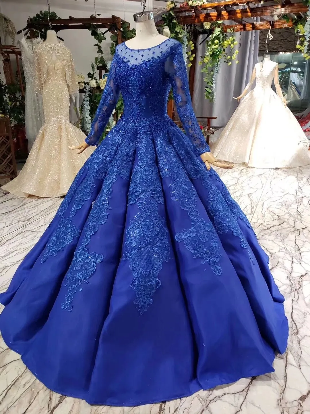 Royal Blue Long Sleeves Ball Gown Prom Dresses, Puffy Quinceanera Dress with Appliques UQ2030