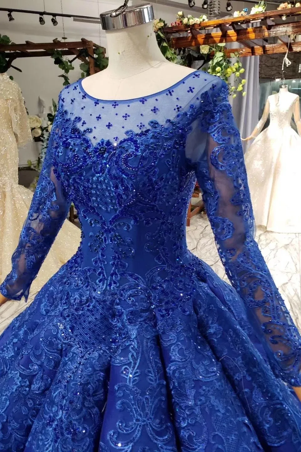 Royal Blue Long Sleeves Ball Gown Prom Dresses, Puffy Quinceanera Dress with Appliques UQ2030