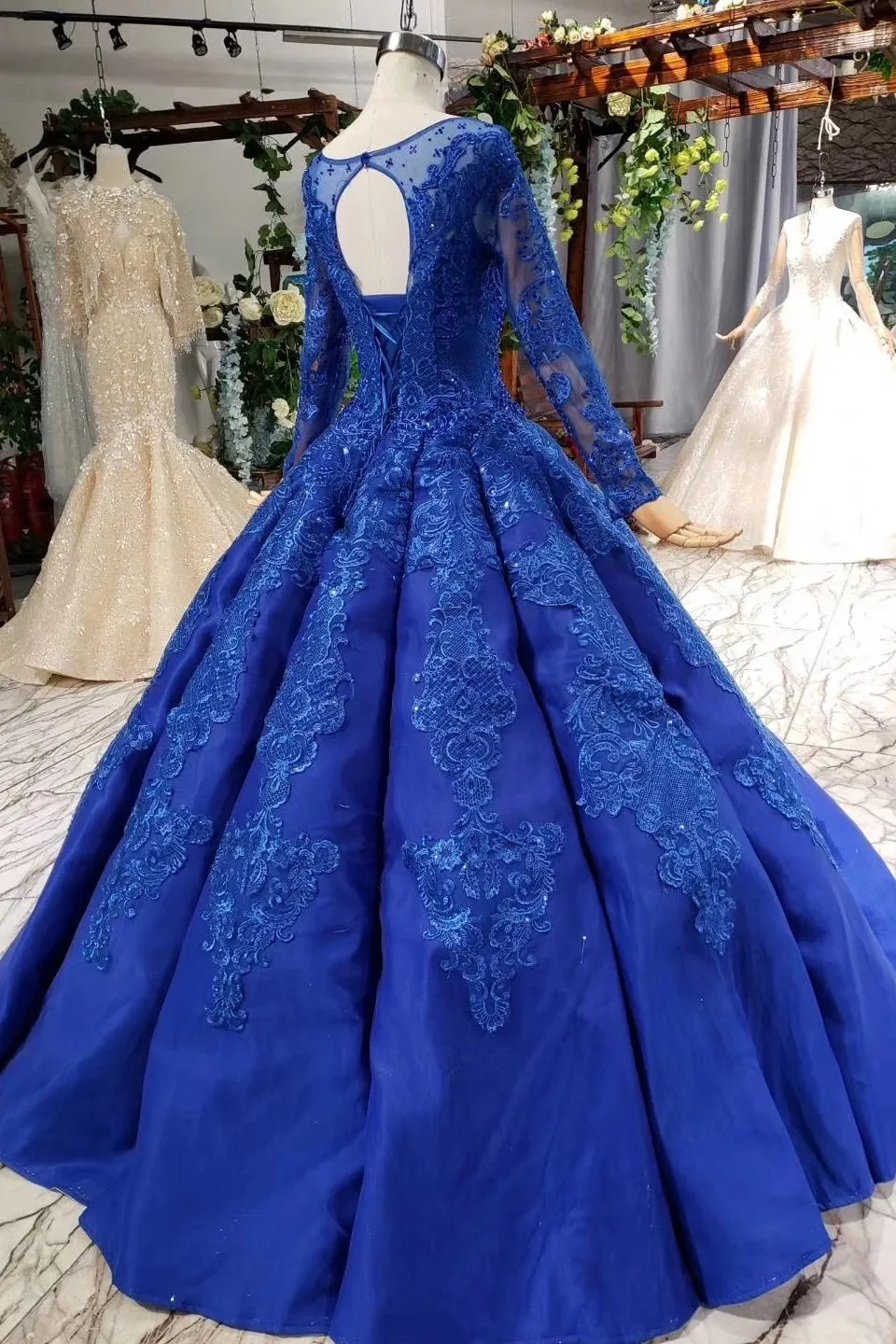 Royal Blue Long Sleeves Ball Gown Prom Dresses, Puffy Quinceanera Dress with Appliques UQ2030