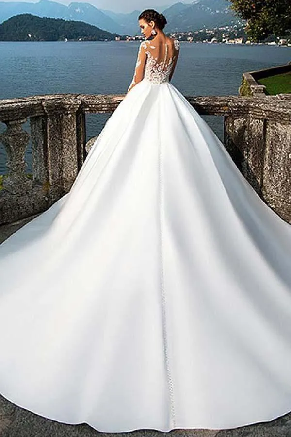 Satin Bateau Neckline A-Line Wedding Dresses With Lace Appliques WD192