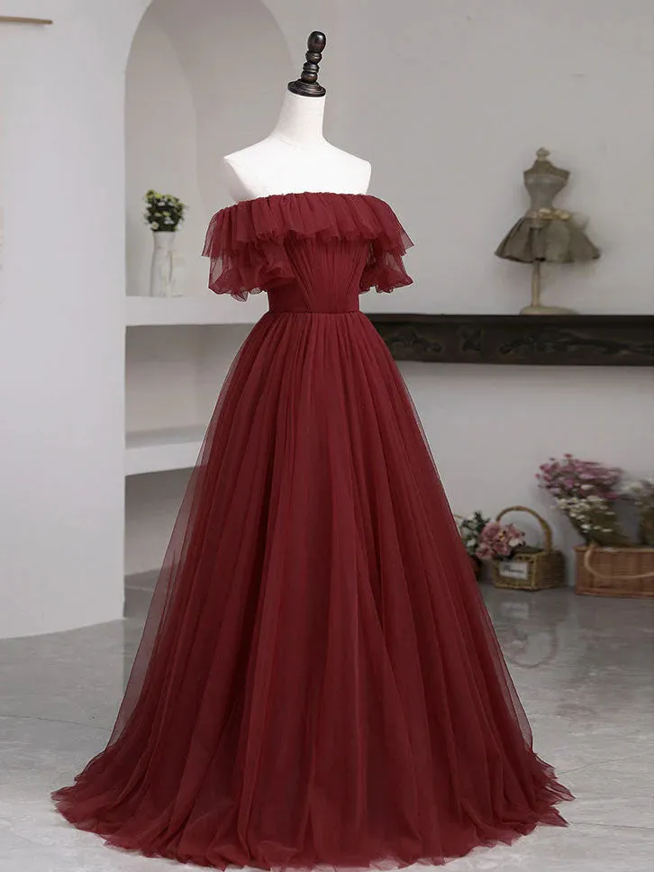 Simple A line Burgundy Tulle Long Prom Dress,Off the Shoulder Birthday Dresses