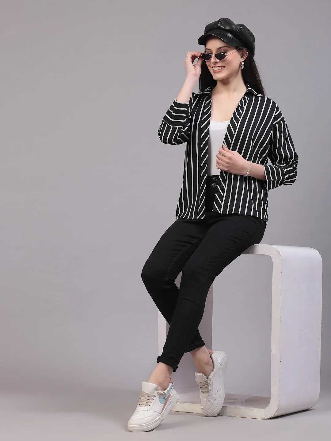 Style Quotient Women Casual Black and White Stripe Spread Collar Full Sleeve Shrug