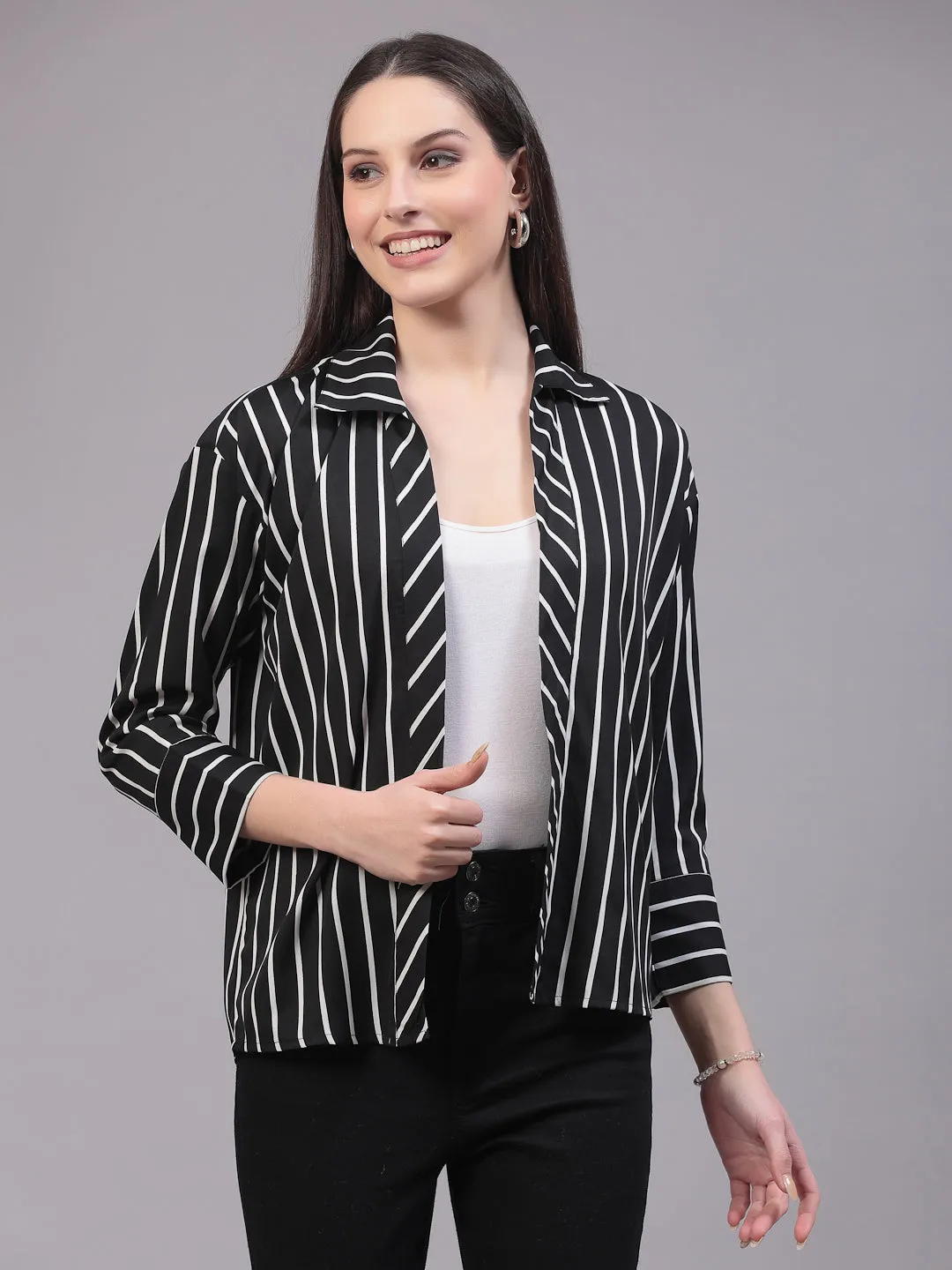 Style Quotient Women Casual Black and White Stripe Spread Collar Full Sleeve Shrug