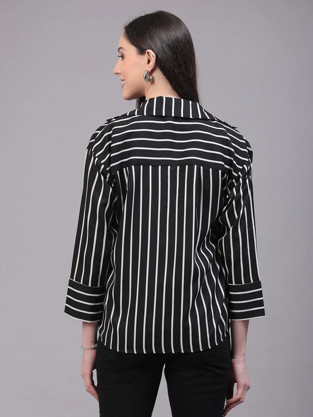 Style Quotient Women Casual Black and White Stripe Spread Collar Full Sleeve Shrug