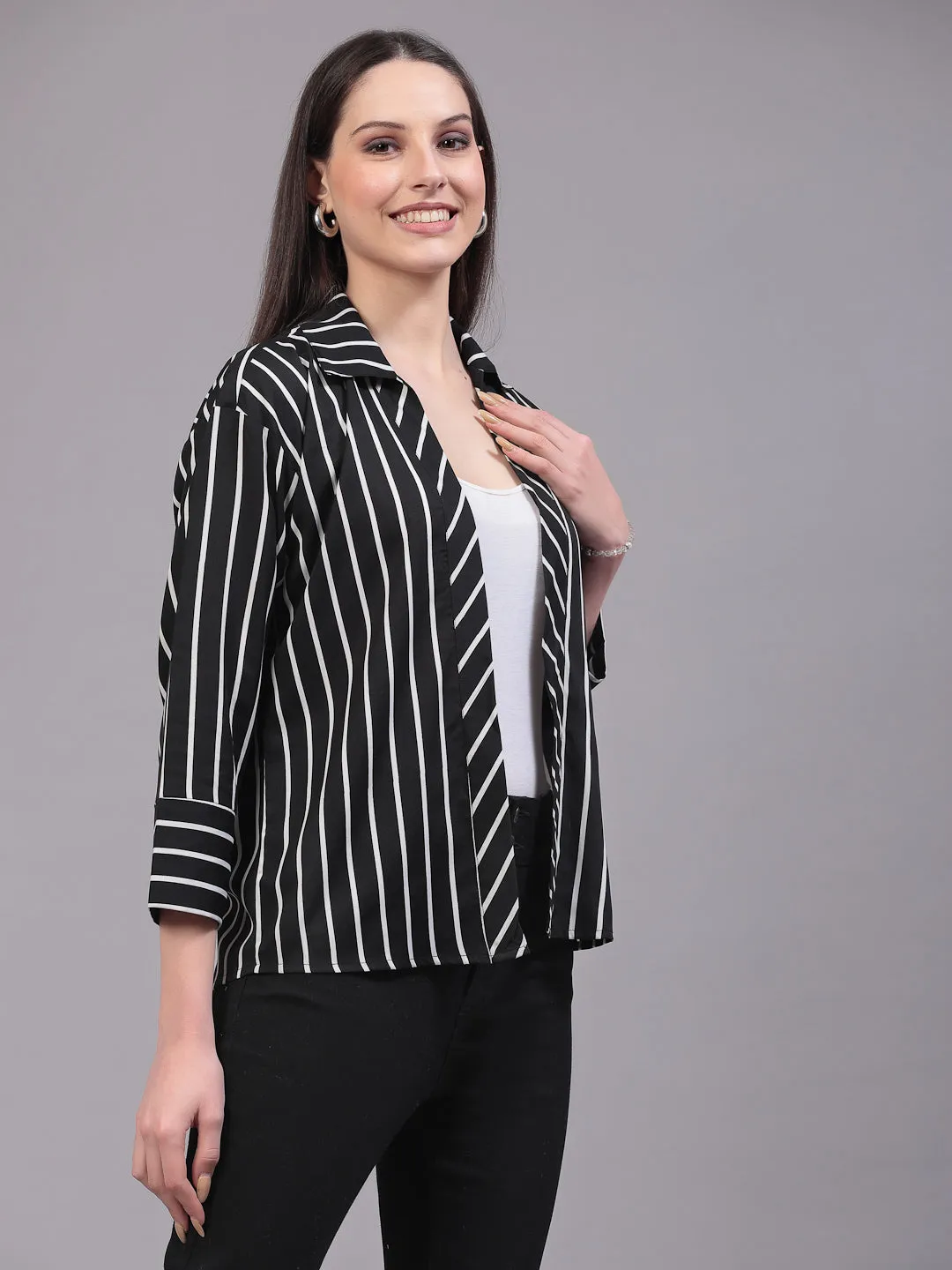 Style Quotient Women Casual Black and White Stripe Spread Collar Full Sleeve Shrug