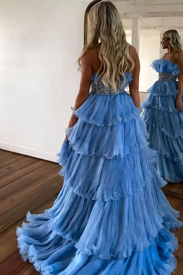 Stylish Blue Strapless A-Line Long Tiered Prom Dress With Belt PSK483