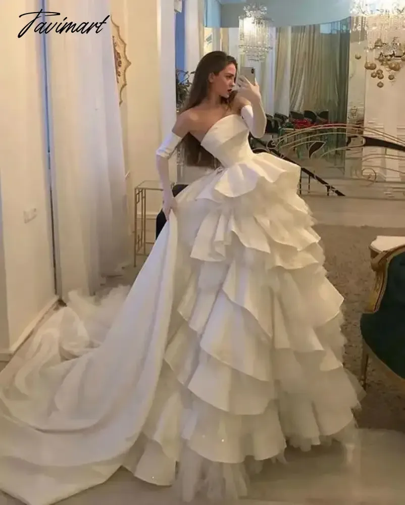 TAVIMART -  Charming Elegant Evening Dresses Fashion Strapless Tiered Ruffles Pleat Ball Gowns Chic White Wedding Party Prom Dresses 2024