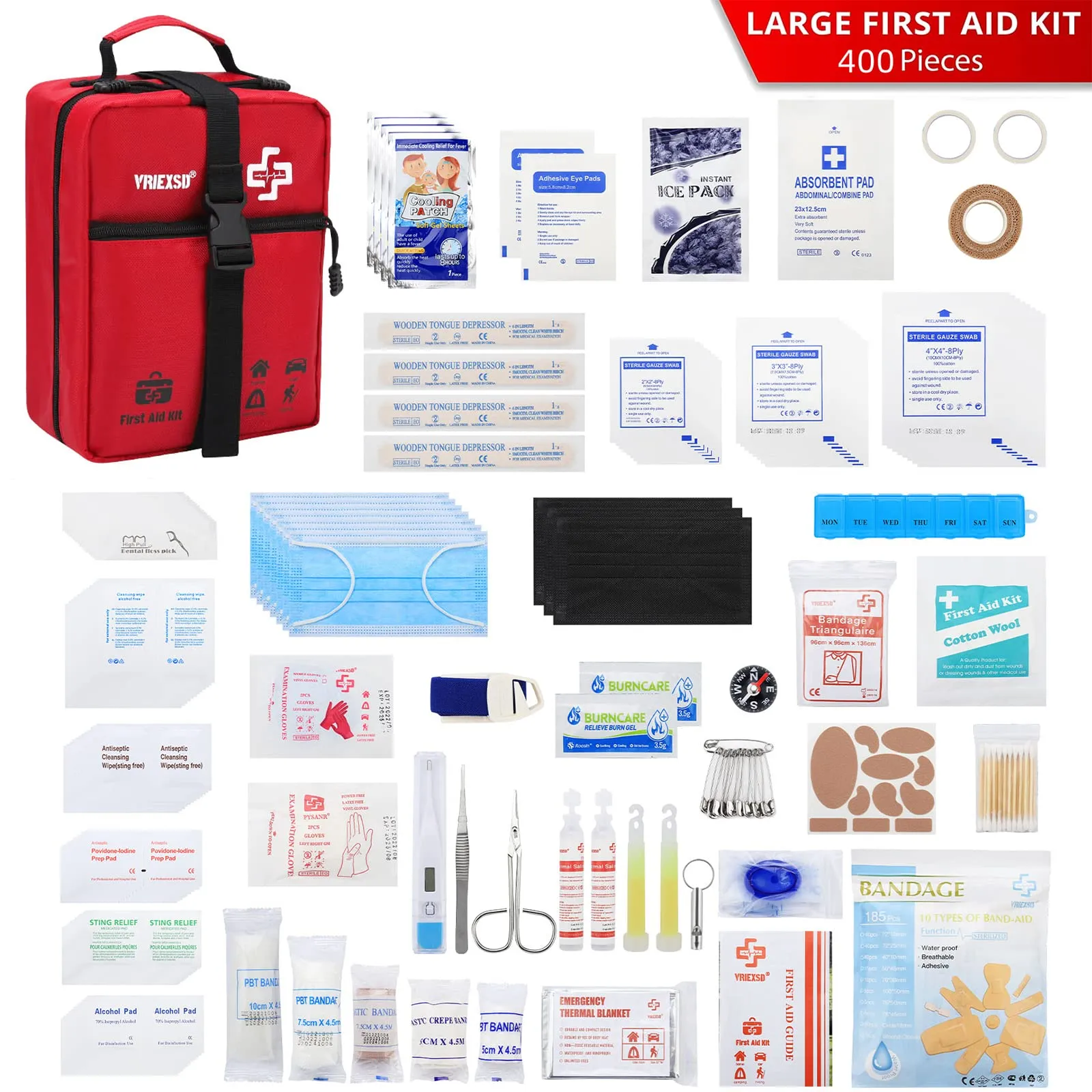 VRIEXSD 400 Piece Large First Aid Kit Premium Emergency Kits for Home, Office, Car, Outdoor, Hiking, Travel, Camping, Survival Medical First Aid Bag, Red