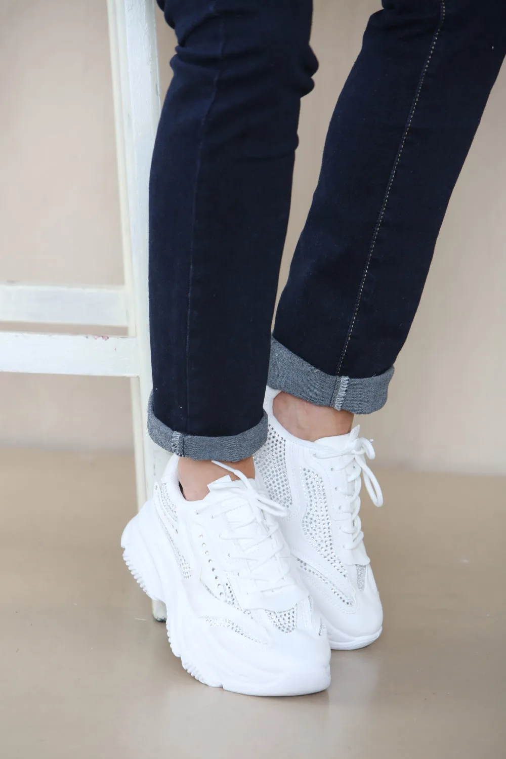 WHITE CHUNKY SOLE DIAMATIE DETAIL LACE UP TRAINERS