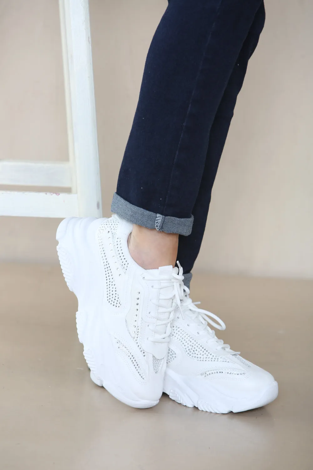 WHITE CHUNKY SOLE DIAMATIE DETAIL LACE UP TRAINERS