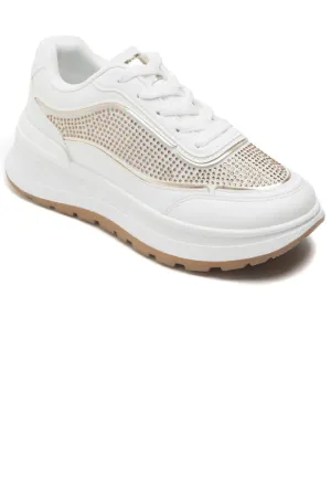 WHITE FLAT CHUNKY DIAMANTE DETAIL LACE UP SNEAKERS TRAINERS