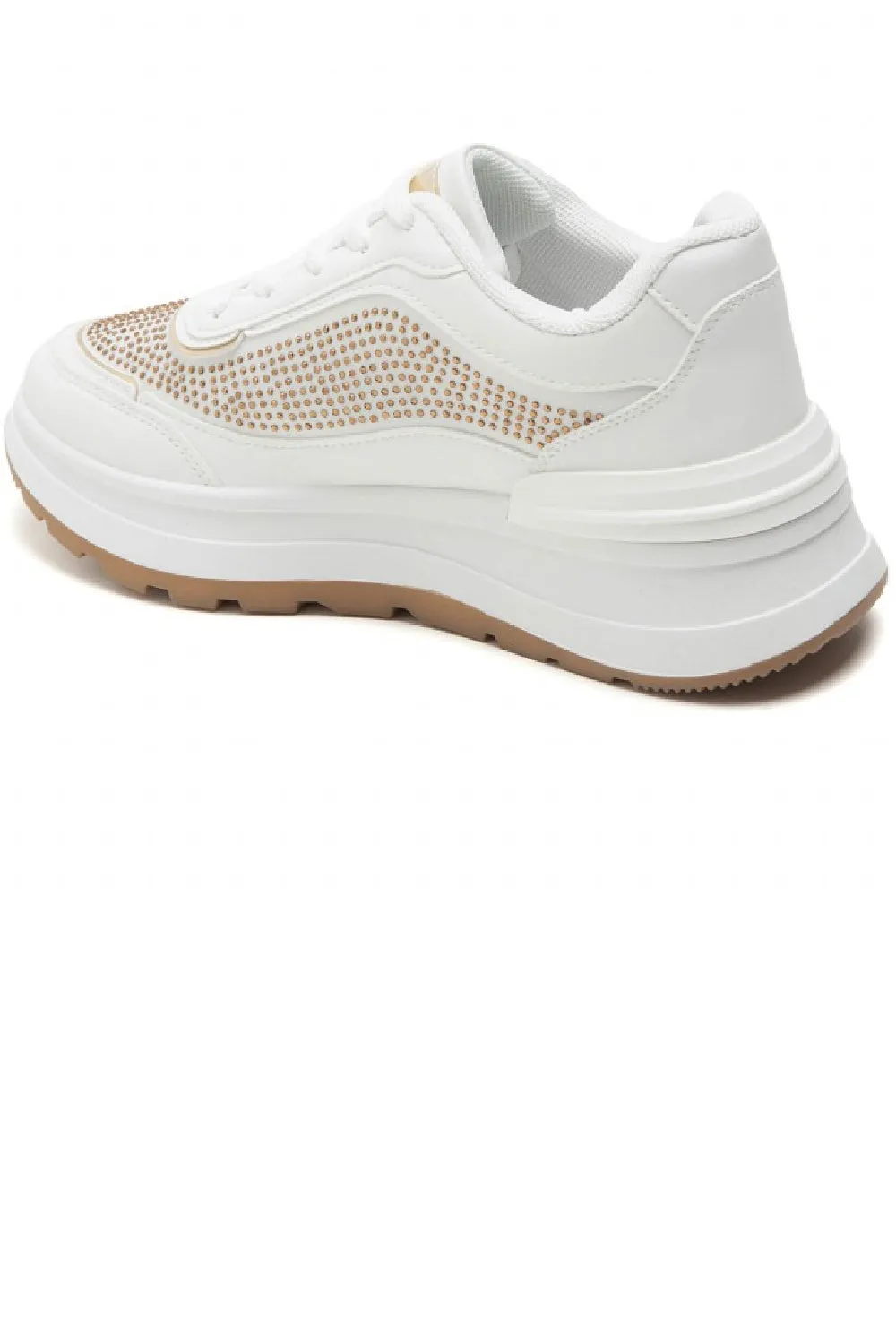 WHITE FLAT CHUNKY DIAMANTE DETAIL LACE UP SNEAKERS TRAINERS